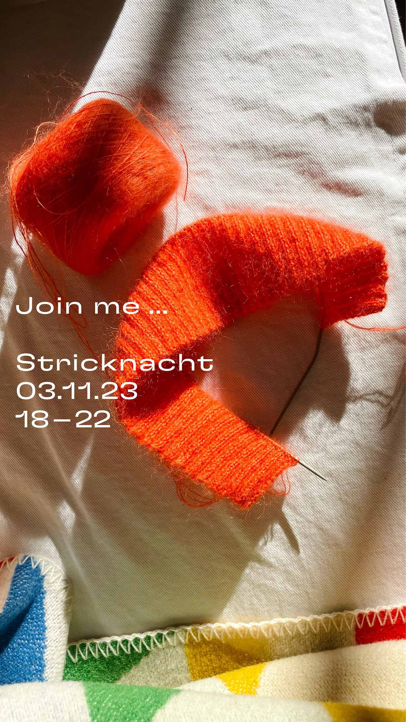 Instagram story-style image with text and date, overlaid on a knitting work-in-progress. Inviting viewers to a knitting night event.